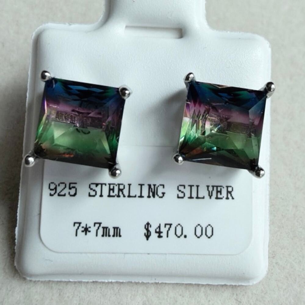 Tricolor Mystic Moissanite Sterling Silver Princess Cut Stud Earrings